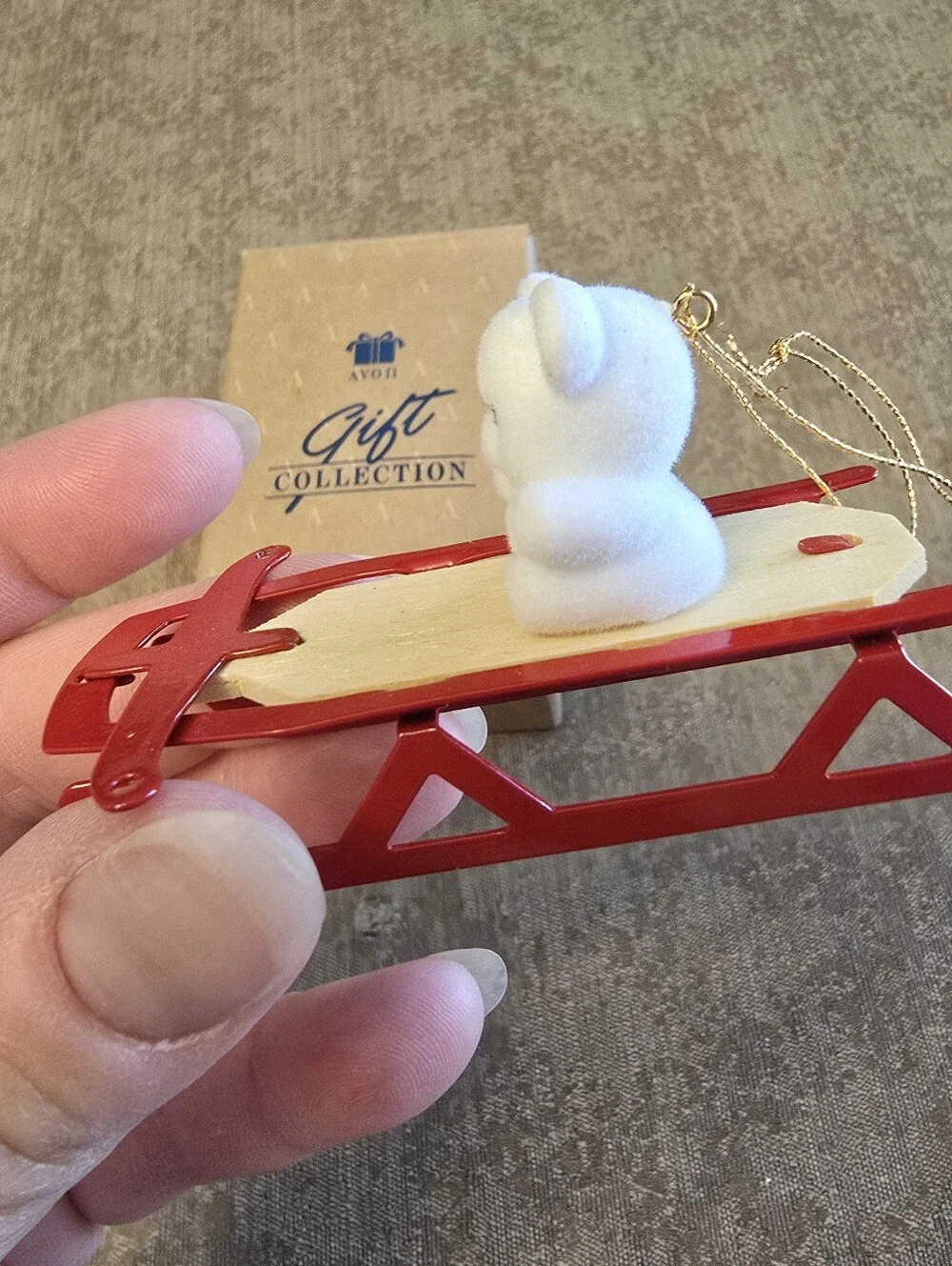 Vintage Avon Teddy on Sled Flocked Teddy Bear Collection Christmas Ornament
